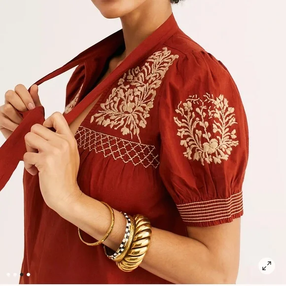 Free People Dreaming About You Baby Doll Blouse Embroidered Boho Size Small - Picture 2 of 13